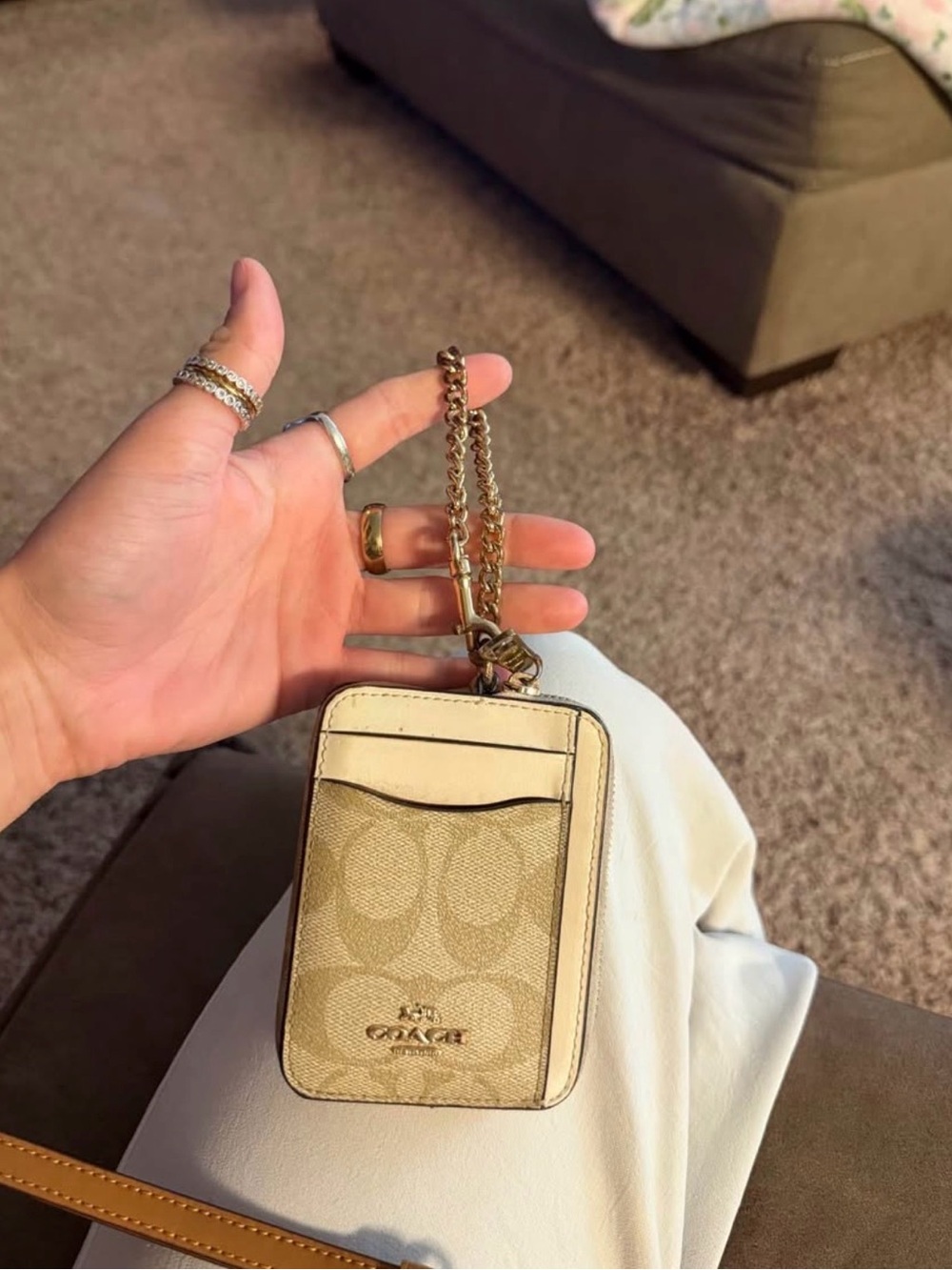 Coach Tan Signature Card Holder with Gold Chain